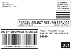 Parcel Select Return Service label using a concatenated barcode.