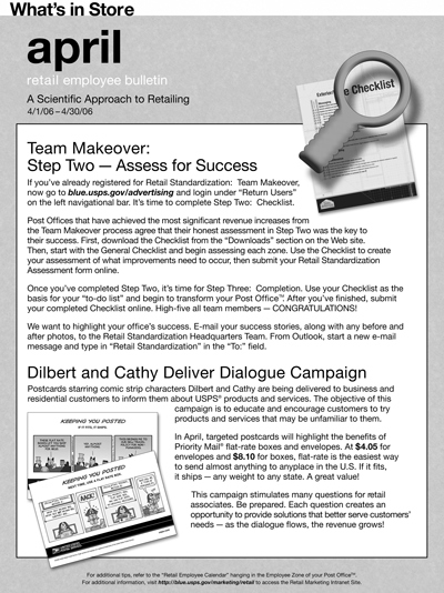 What's in Store. april retail employee bulletin. A scientific Approach to Retailing 4/1/06-4/30/06. Team Makeover: Step Two - Assess for Success. Dilbert & Cathy Deliver Dialogue Campaign.