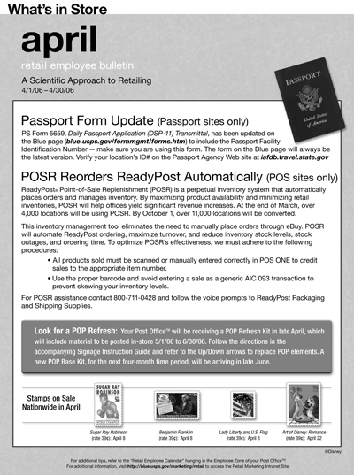 What's in Store. april retail employee bulletin. A scientific Approach to Retailing 4/1/06-4/30/06. Passport Form Update (Passport sites only). POSR Reorders ReadyPost Automatically (POS sites only).