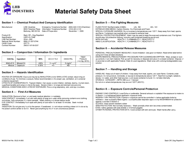 Material Safety Data Sheet, page 2.  Information can be requested with repellent