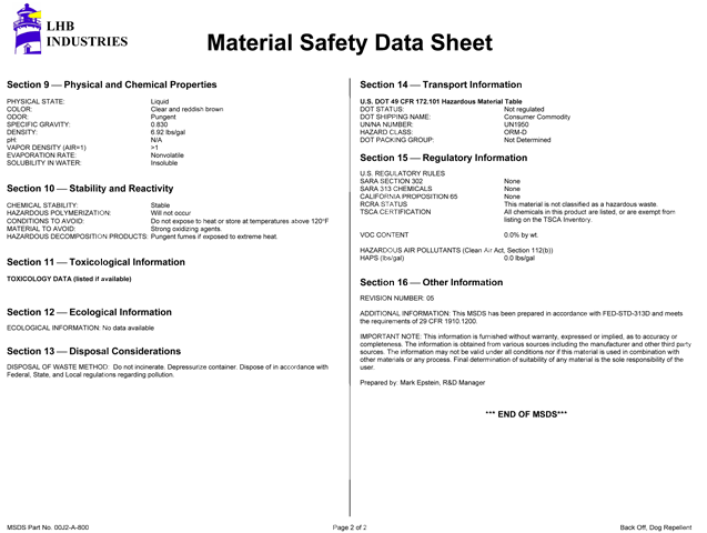 Material Safety Data Sheet, page 1. Information can be requested with repellent