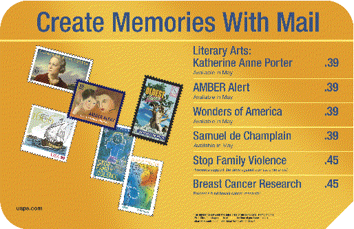 Create Memories With Mail.Literary Arts Stamps, Amber Alert, Wonders of America, Samuel de Champlain, Stop Family Violence,and Breast Cancer Research stamps.