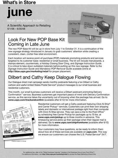 June retail employee bulletin. A Scientific Approach to Retailing 6/1/06 - 6/30/06. Look For New POP Base Kit Coming in Late June. Dilbert and Cathy Keep Dialogue Flowing.