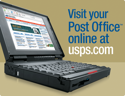 USPS.com ad-image of a laptop that has usps.com as the home page