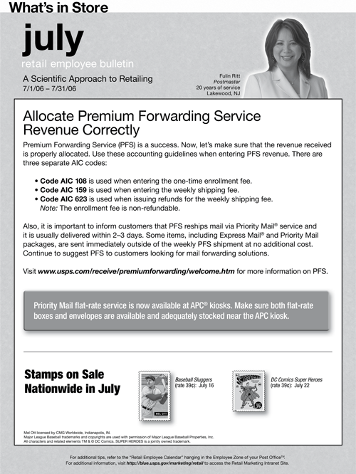 What's in Store. July retail remployee bulletin. A Scientific Approach to Retailing 7/1/06-7/31/06. Allocate Premium Forwarding Service Revenue Correctly.