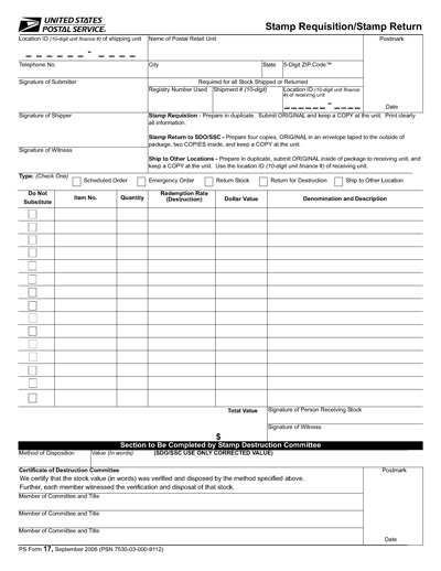 PS Form 17, Stamp Requisition/Stamp Return.