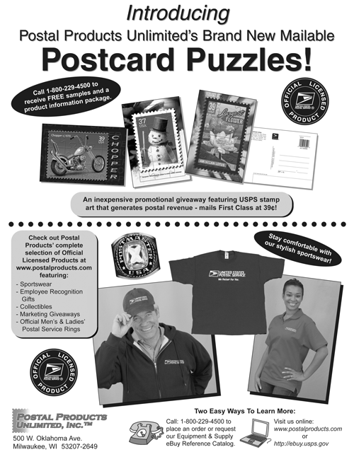 Introducing Postal Products Unlimited's Brand New Mailable Postcard Puzzles! Call 800-229-4500 to place an order or request a catalog. Visit online at www.postalproducts.com or http://ebuy.usps.gov.