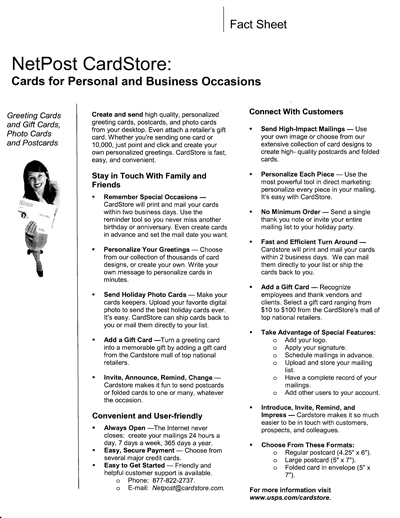 NetPost CardStore: Cards for Personal and Business Occasions Fact Sheet. A d-link is provided.