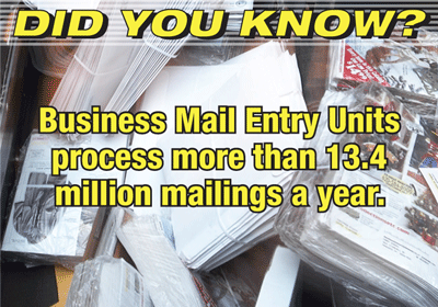 Did you know? Business Mail Entry Units process more than 13.4 million mailings a year.