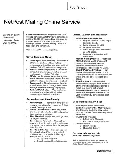 NetPost Mailing Online Service Fact Sheet. A d-link is provided.