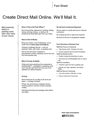 Create Direct Mail Online. We'll Mail It. Fact Sheet. A d-link is provided.