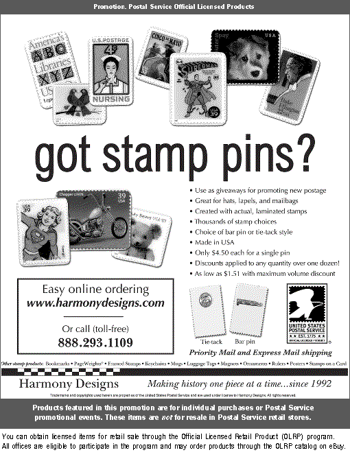 Got stamp pins? Easy online ordering at www.harmonydesigns.com. Or call (toll-free) 888-293-1109.