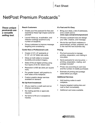 NetPost Premium Postcards Fact Sheet. A d-link is provided.