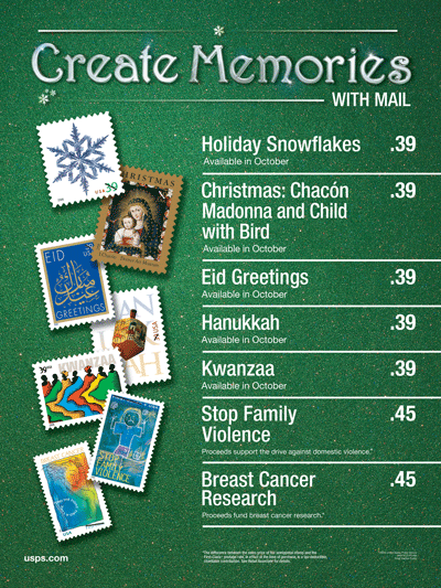Create memories with mail. Stamp Poster featuring Christmas, Eid, Hanukkah, Kwanzaa, Stop Family Violence and Breast Cancer Research stamps.
