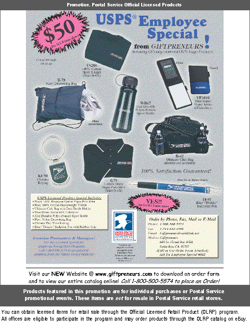 Promotion. USPS Employee Special from Giftpreneurs! Visit new Web site @ www.giftpreneurs.com or call 1-800-500-5574 to place an order.