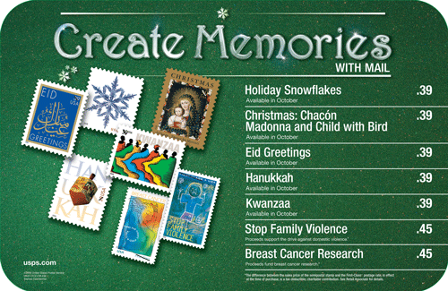 Create memories with mail. Holiday 39cent Stamps, Stop the Domestic Violence 45cent stamp and Breast Cancer Research 45cent stamp