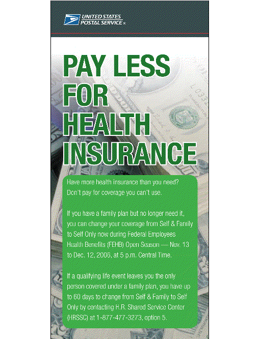 Pay less for health insurance, front. A dlink is provided.