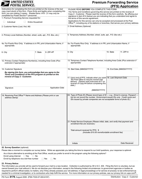 PS Form 8176, Premium Forwarding Service (PFS) Application, page 3 of 6.