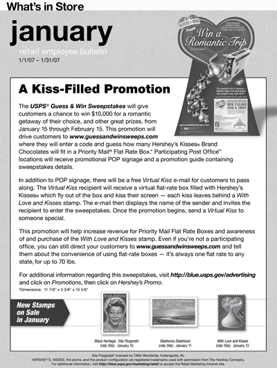 January retail employee bulletin. 1/1/07 - 1/31/07. A Kiss-Filled Promotion-For more info go to: http://blue.usps.gov/marketing/retail