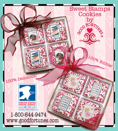 Promotion. Sweet Stamps Cookies by Good Fortunes. 1-800-644-9474. www.goodfortunes. com.