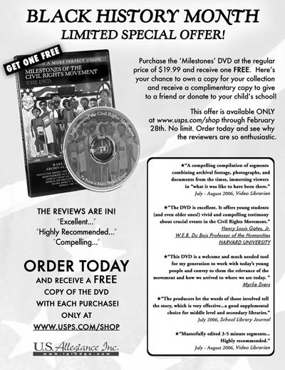 Promotion. Black History Month Limited Special Offer! Order Today and receive a free copy of the DVD with each purchase! Only at www.usps.com/shop.