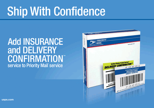Add insurance and delivery confirmation service to Priority Mail Service-poster