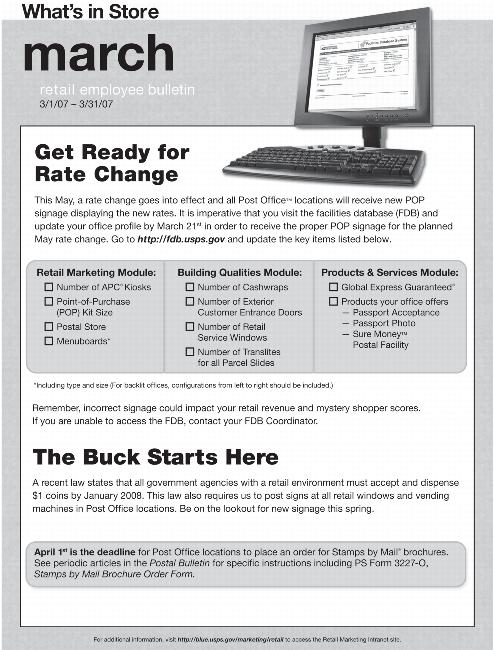 What’s in Store March Retail Employee Bulletin 3/1/07-3/31/07. Get Ready for Rate Change. The Buck Starts Here. A dlink is provided.