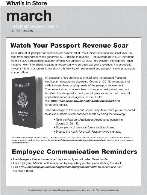What's in Store March Retail Employee Bulletin 3/1/07-3/31/07. Watch Your Passport Revenue Soar. Employee Communication Reminders. A dlink is provided.