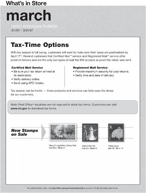 What's in Store March Retail Employee Bulletin 3/1/07-3/31/07. Tax-Time Options. A dlink is provided.