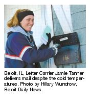 Beloit, IL, Letter Carrier Jamie Tanner delivers mail despite the cold temperatures. Photo by Hillary Wundrow, Beloit Daily News.