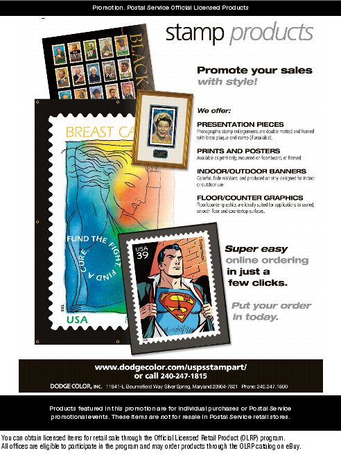 Promotion. Stamp Products. Promote your sales with style! Put your order in today @ www.dodgecolor.com/uspsstampart/ or call 240-247-1815.