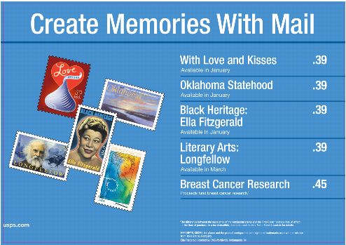 Create Memories With Mail. Stamps Love and Kisses, Oklahoma Statehood, Black Heritage: Ella Fitzgerald, Literary Arts: Longfellow 39, Breast Cancer Research.