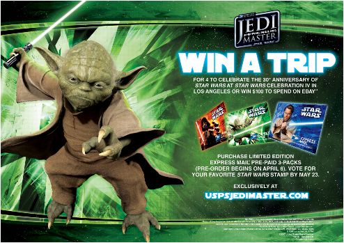 Jedi Shipping Mailing Master. Win a trip. For 4 to celebrate the 30th anniversary of Star Wars at Star Wars Celebration IV in Los Angeles or win $100 to spend on eBay. Purchase limited edition Express Mail Pre-Paid 3-Packs (pre-order begins on April 6). Vote for your favorite Star Wars stamp by May 23. Exclusively at uspsjedimaster.com.