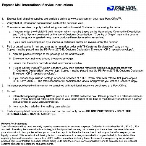 Express Mail International Service Instructions