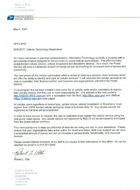 Cellular Technology Registration letter from Robert Otto.