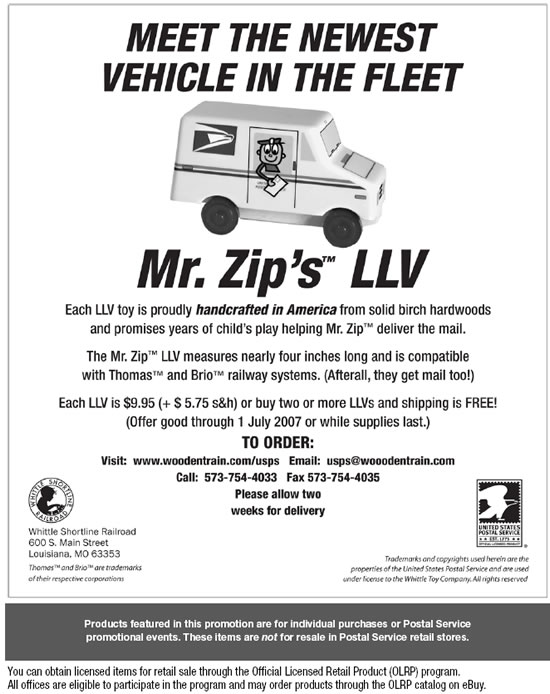 Mr.Zips LLV for more information call 5737544033 or visit www.woodentrain.com/usps