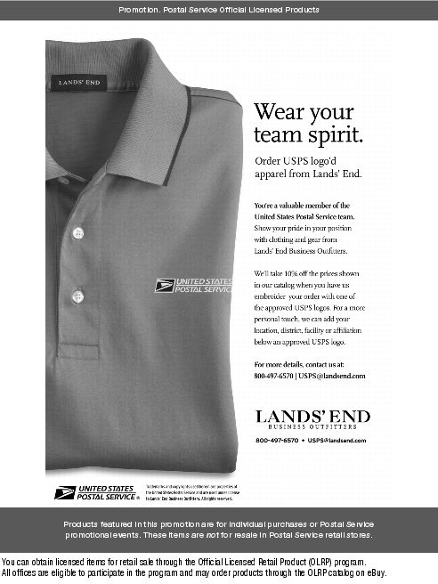 Wear your team spirit. Order USPS logo'd apparel. Lands' End Business Outfitters. 800-497-6570. USPS@landsend.com.