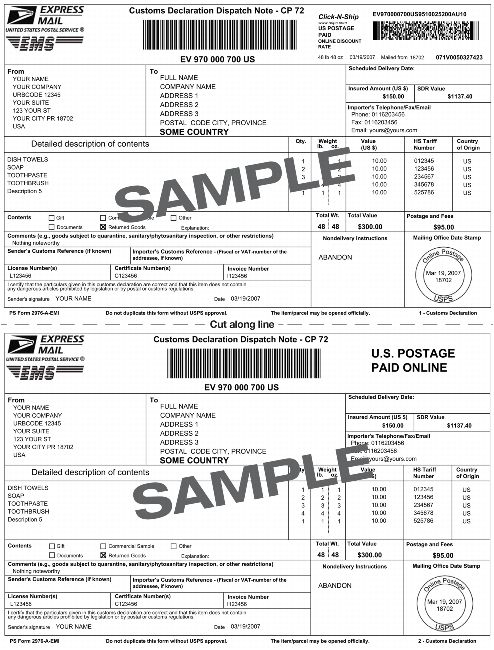 Express Mail Customs Declaration Dispatch Note - CP 72