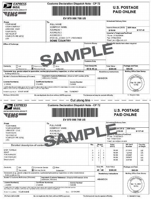 Express Mail Customs Declaration Dispatch Note - CP 72