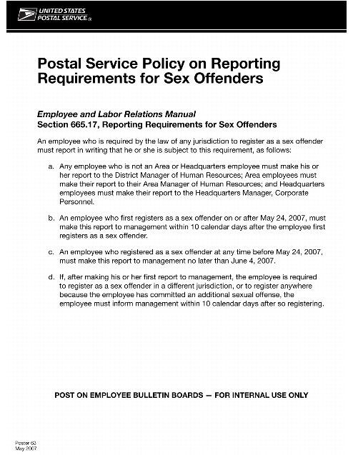 Postal Service Policy on Reporting Requirements for Sex Offenders.