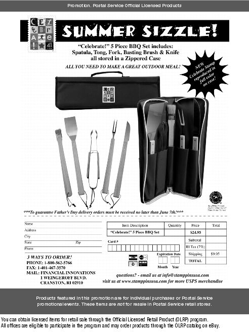 "Celebrate!" 5 Piece BBQ Set. With 3 Easy Ways to Place your Order. Visit www.stamppinsusa.com.