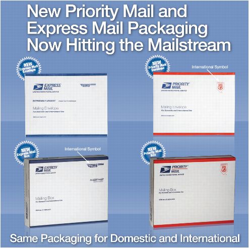New Priority Mail and Express Mail Packaging Now Hitting the Mailstram. Same Packaging for Domestic and International.