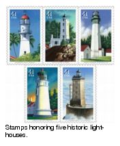 Stamps honoring five historic lighthouses.