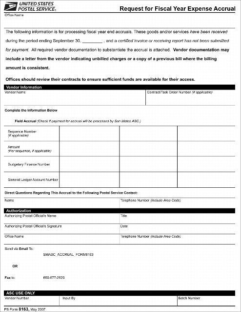 PS Form 8163, Request for Fiscal Year Expense Accrual
