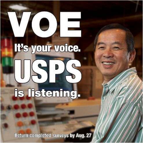 VOE. It's your voice. USPS is listening. Return completed surveys by Aug. 27.