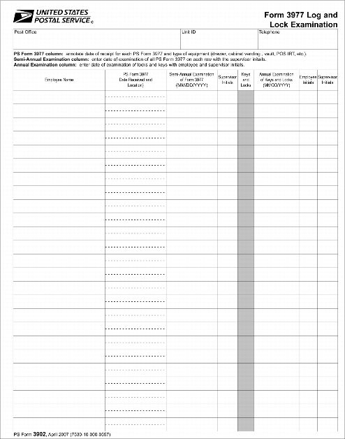 PS Form 3902, Form 3977 Log and Lock Examination.