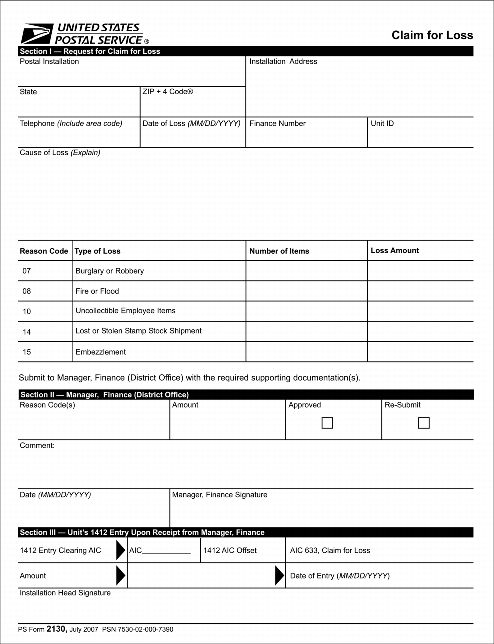 PS Form 2130, Claim for Loss