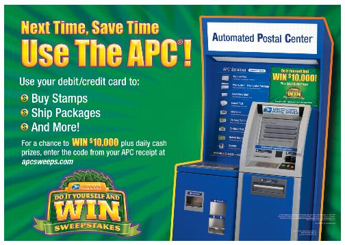 Next time, save time, use the APC! Use your debit/credit card to: buy stamps, ship packages, and more! For a chance to win $10,000 plus daily cash prizes, enter the code from your APC receipt at apcsweeps.com.