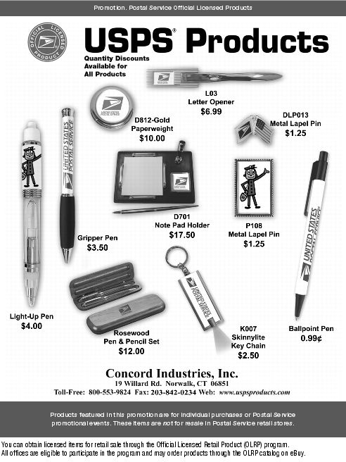USPS Products. Concord Industries, Inc. Toll-Free: 800-553-9824. Fax: 203-842-0234. Web: www.uspsproducts.com.