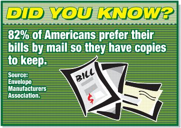Did you know? 82% of Americans prefer their bills by mail so they have copies to keep. Source: Envelope Manufacturers Association.